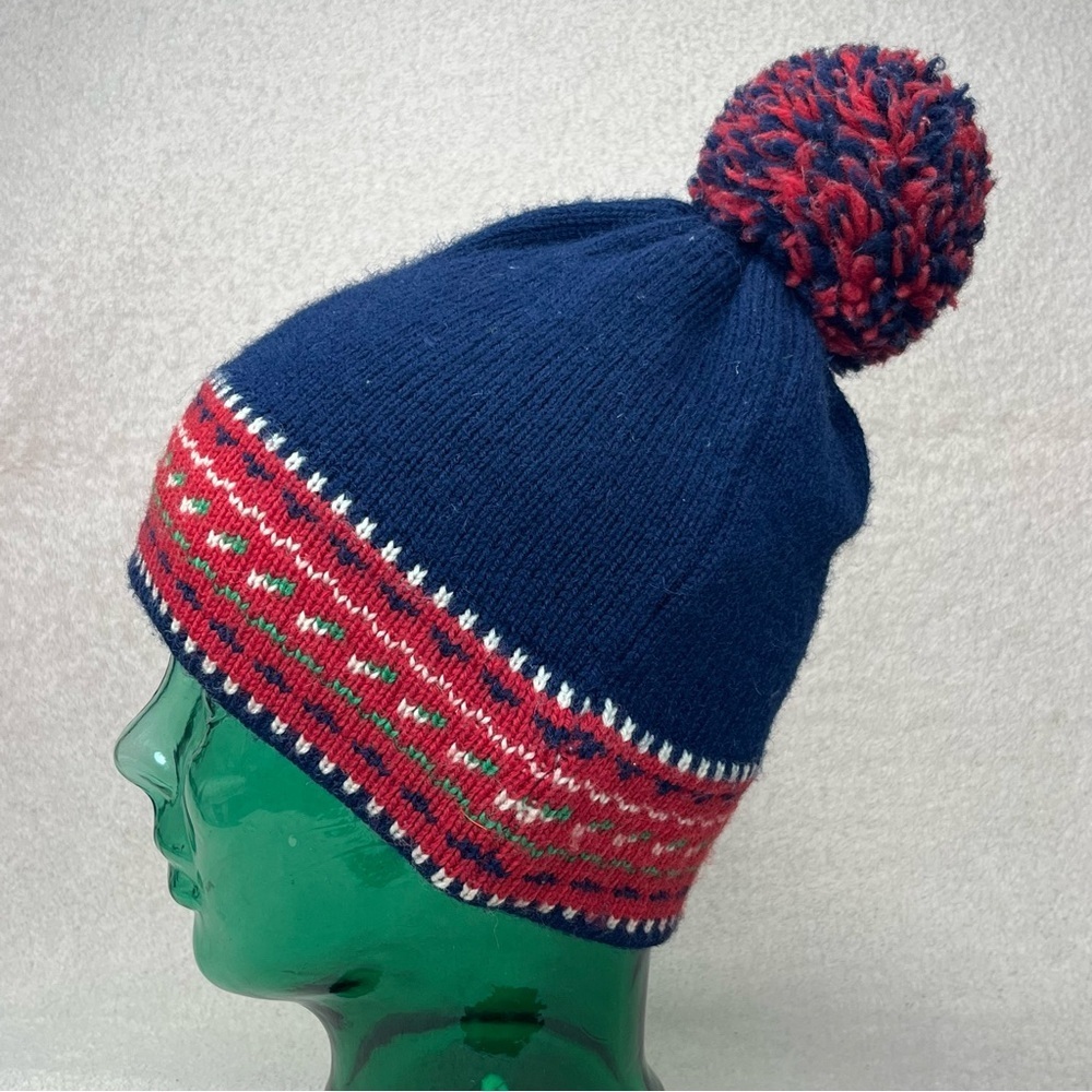 Vintage Stowe Woolens 100% Wool Pom Beanie Winter Hat-Navy Blue/Red-Unisex Adult